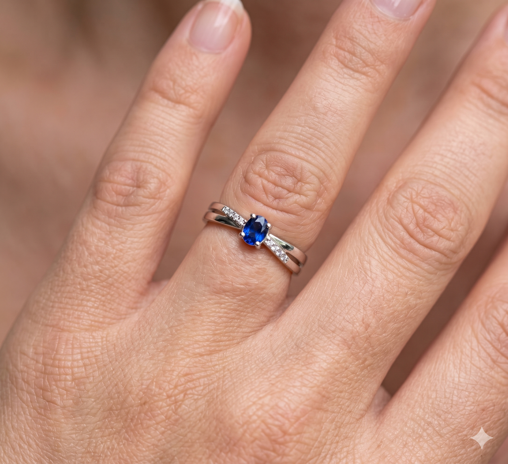 Anello Donna in Oro 18 Carati con Diamanti e Zaffiro.