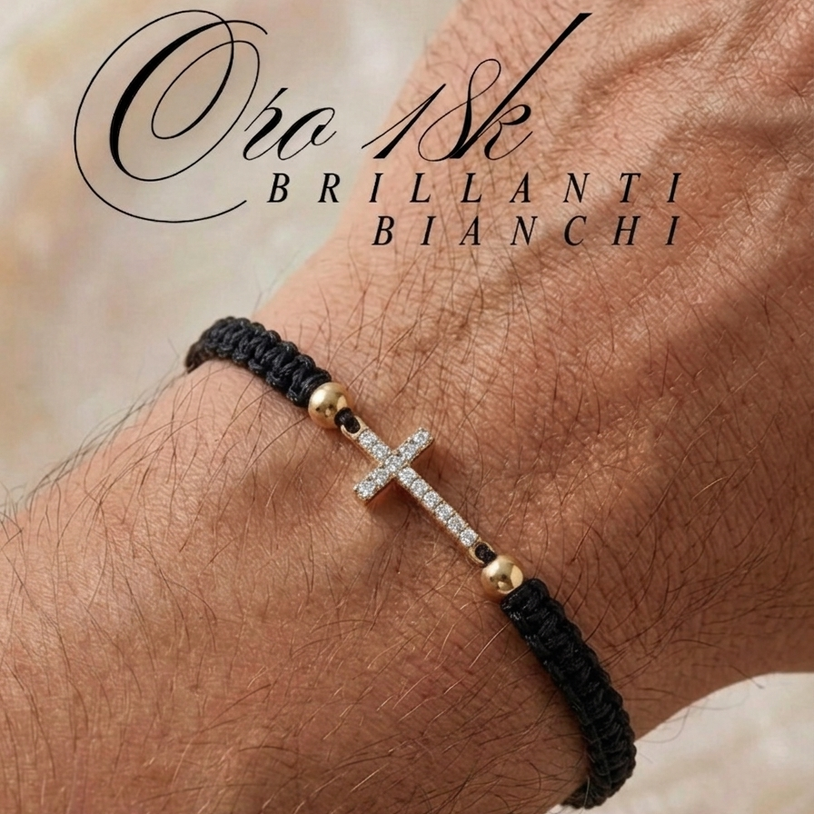 Bracciale Croce Unisex con Brillanti Naturali in Oro Giallo 18 Carati.