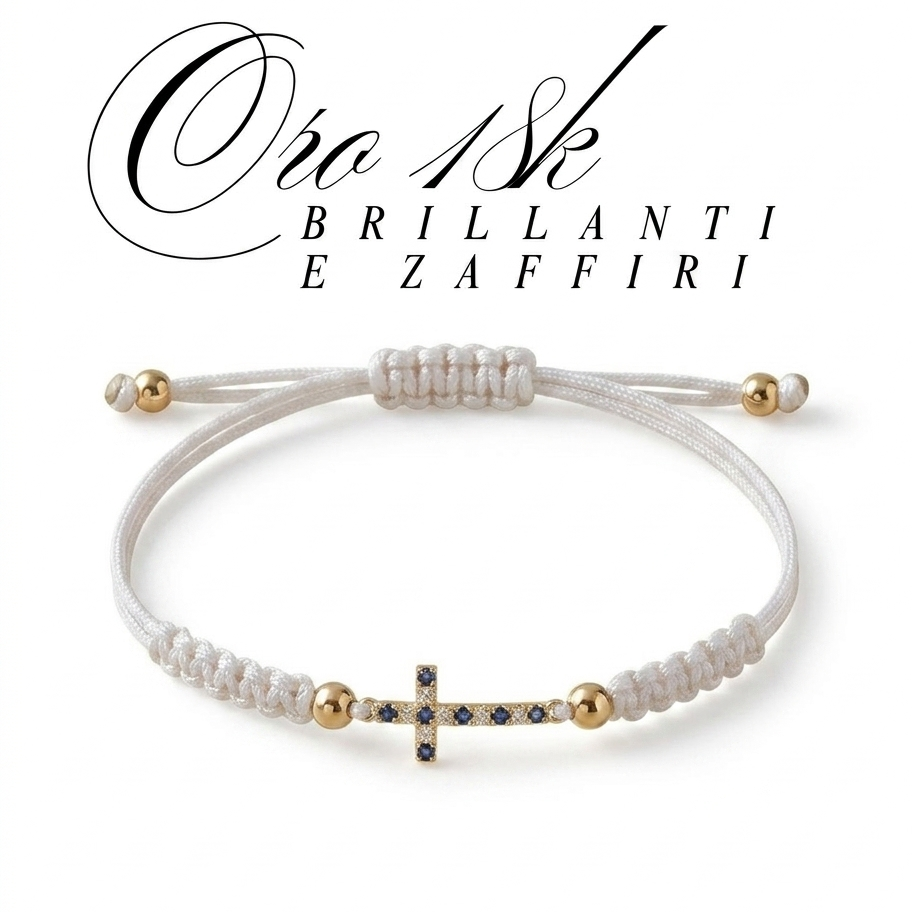 Bracciale Croce Unisex con Brillanti Naturali e Smeraldi o Zaffiri o Rubini in Oro Giallo 18 Carati.