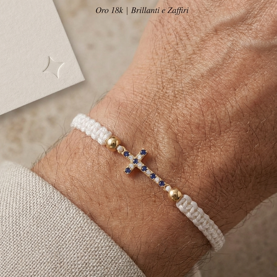 Bracciale Croce Unisex con Brillanti Naturali e Smeraldi o Zaffiri o Rubini in Oro Giallo 18 Carati.