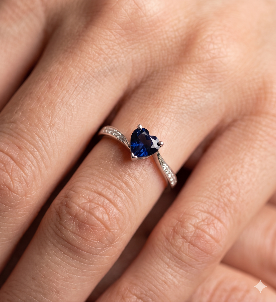 Anello Donna modello Cuore in Oro 18 Carati con Diamanti e Zaffiro.