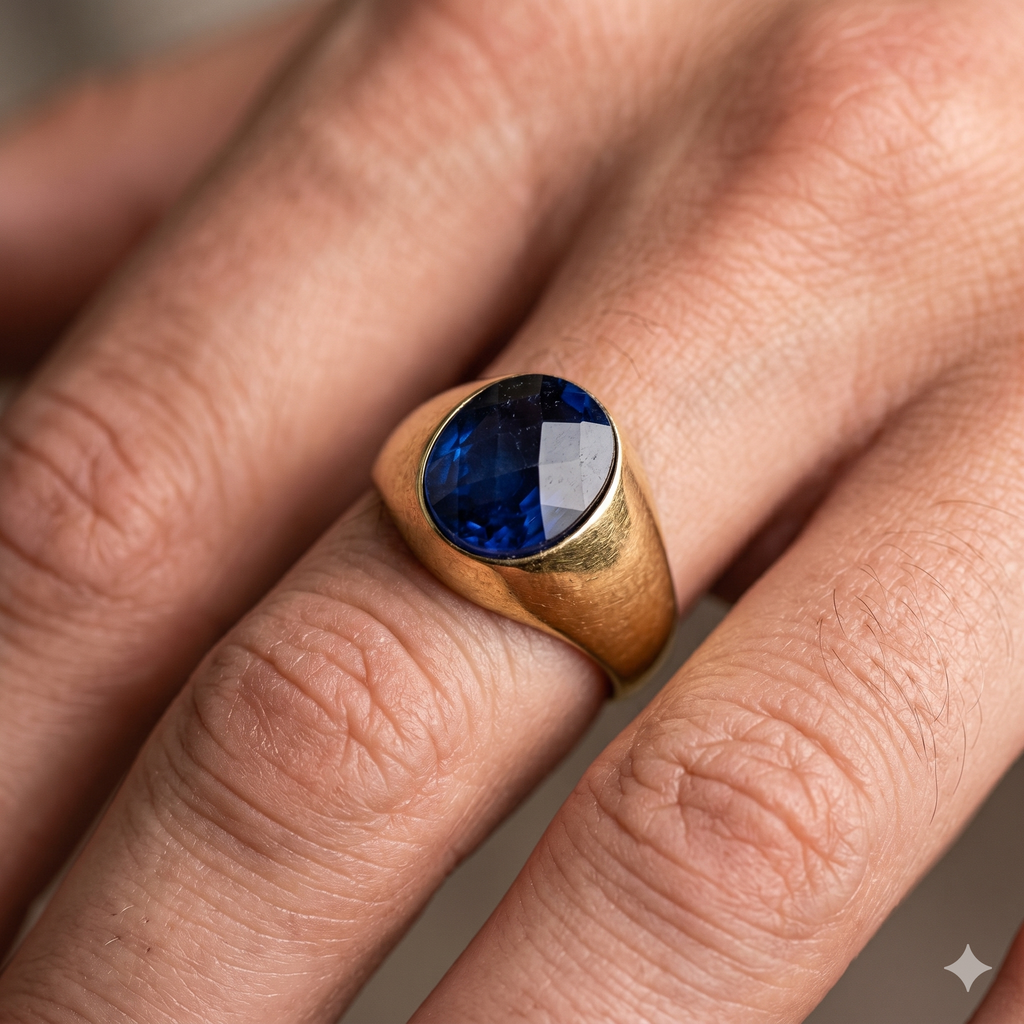 Anello Uomo in Oro Giallo 18 Carati di 4.40 Grammi con Zircone Blu.