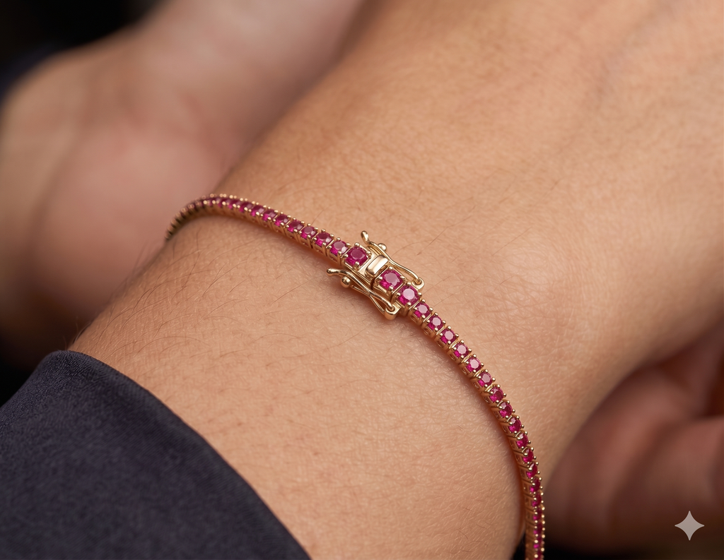 Bracciale modello Tennis in Oro rosè 18 Carati con Rubini.