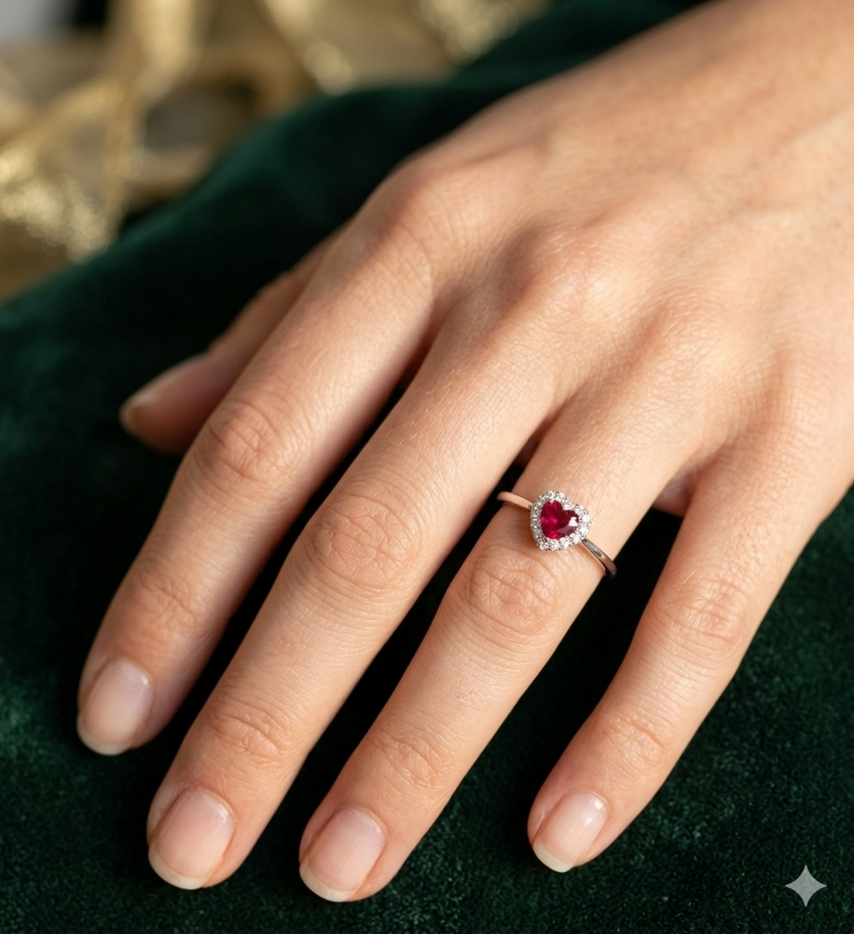 Anello Donna modello Cuore in Oro 18 Carati con Diamanti e Rubino.