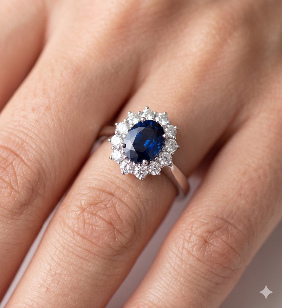 Anello Modello Classico in Oro 18 Carati con Diamanti e Zaffiro.