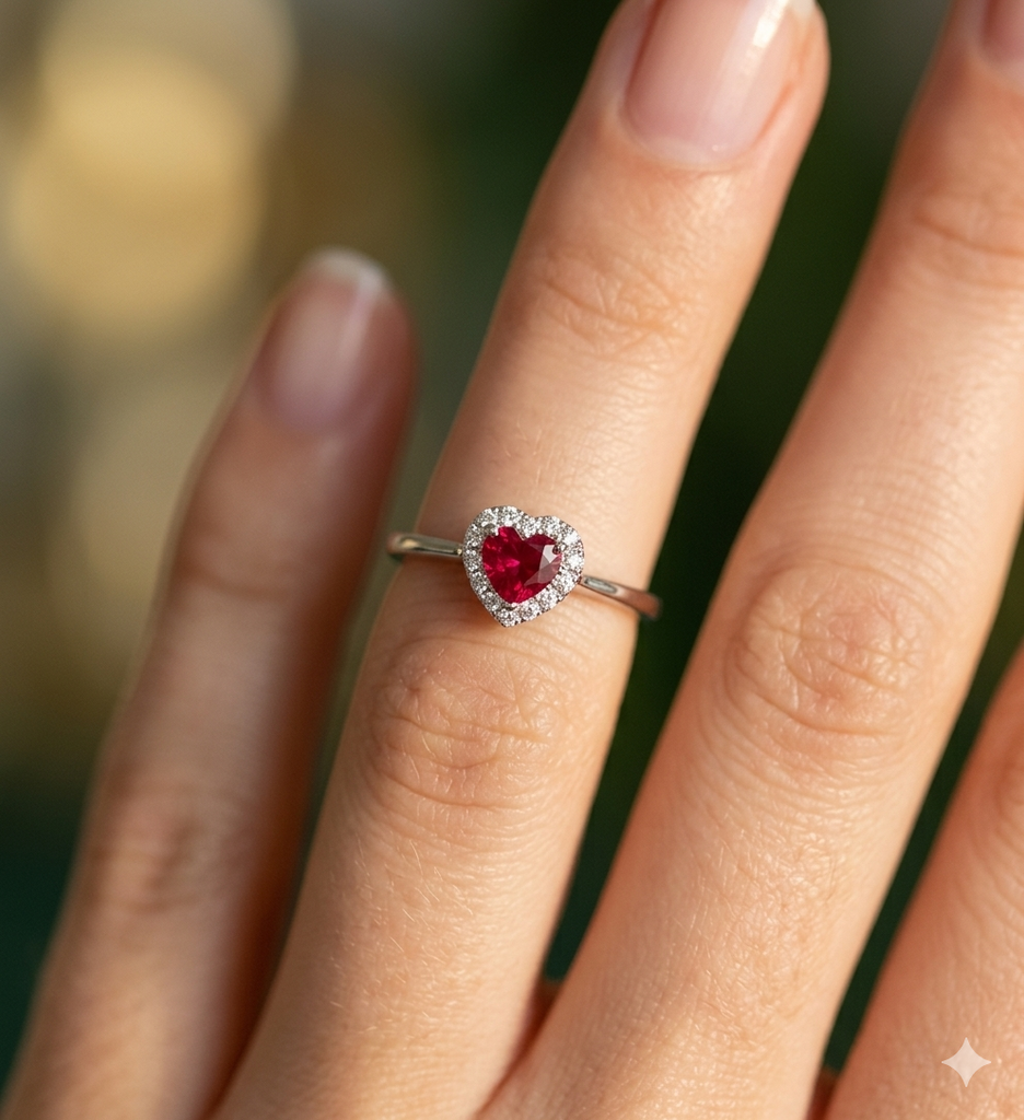 Anello Donna modello Cuore in Oro 18 Carati con Diamanti e Rubino.