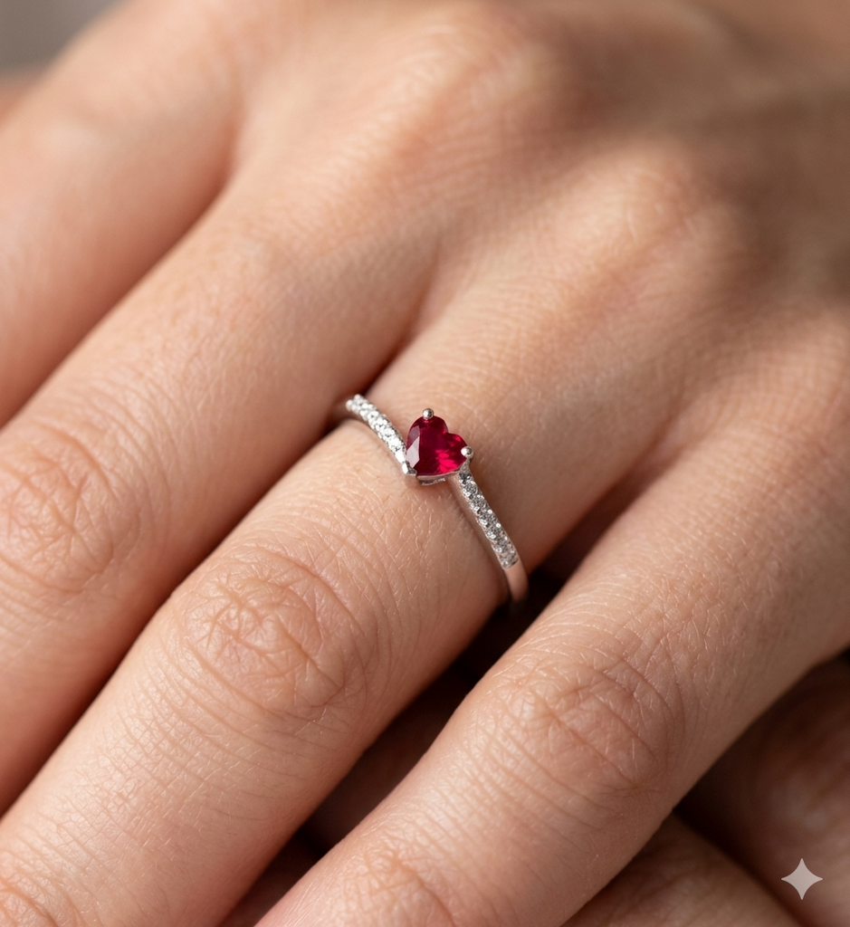 Anello Donna modello Cuore in Oro 18 Carati con Diamanti e Rubino.