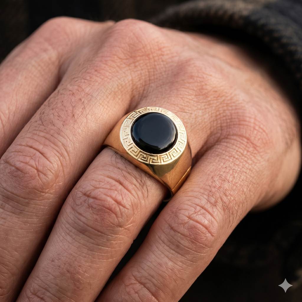 Anello Uomo in Oro Giallo 18 Carati con Onice di 6.50 Grammi.