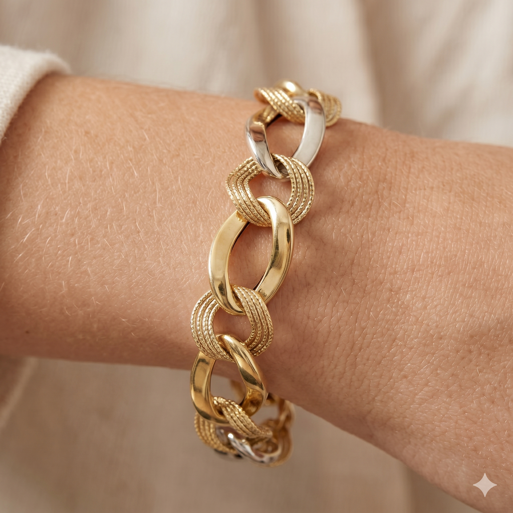 Bracciale a Catena in Oro Giallo e Bianco 18 Carati di 11 Grammi.