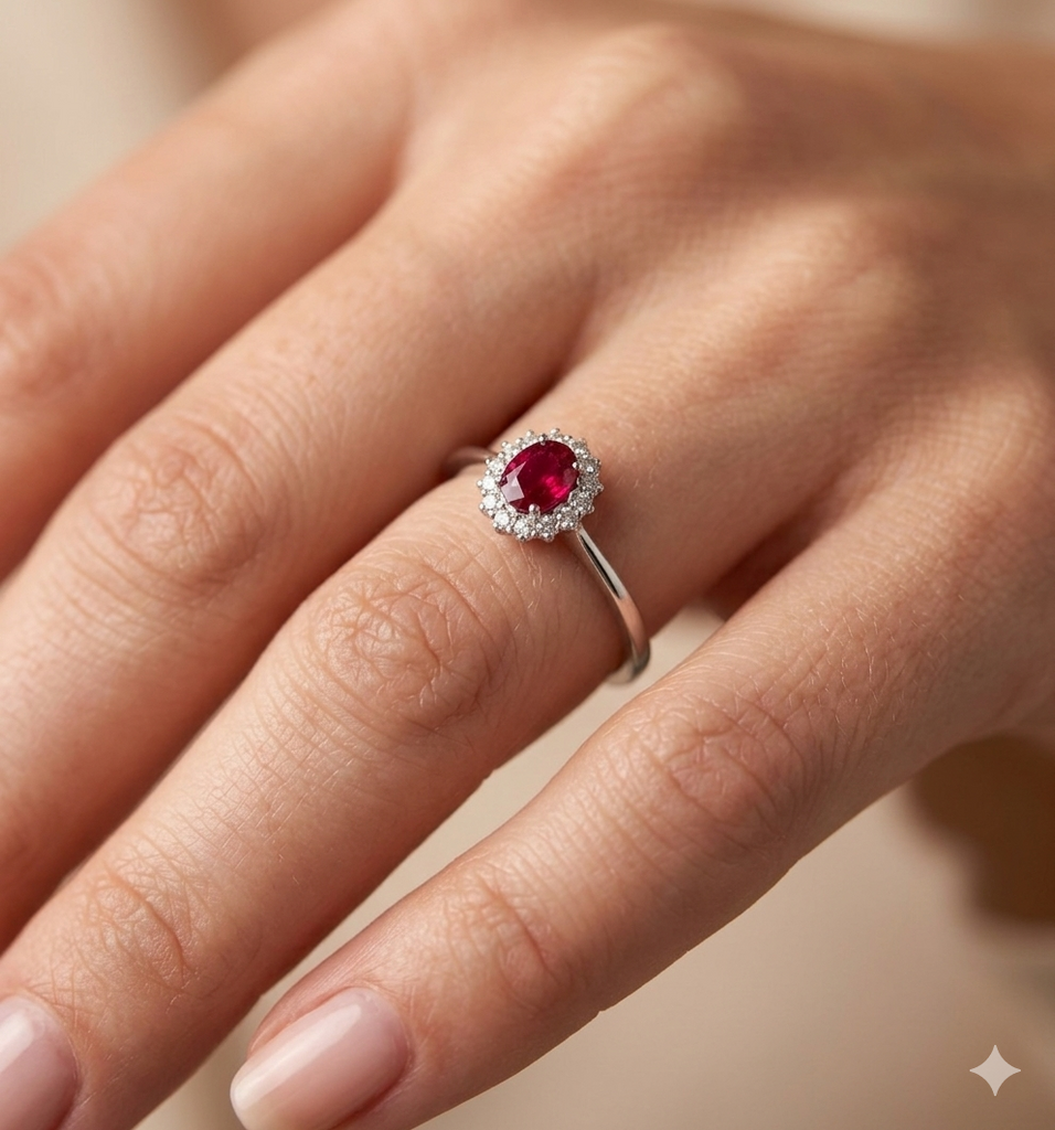 Anello Modello Classico in Oro 18 Carati con Diamanti e Rubino.