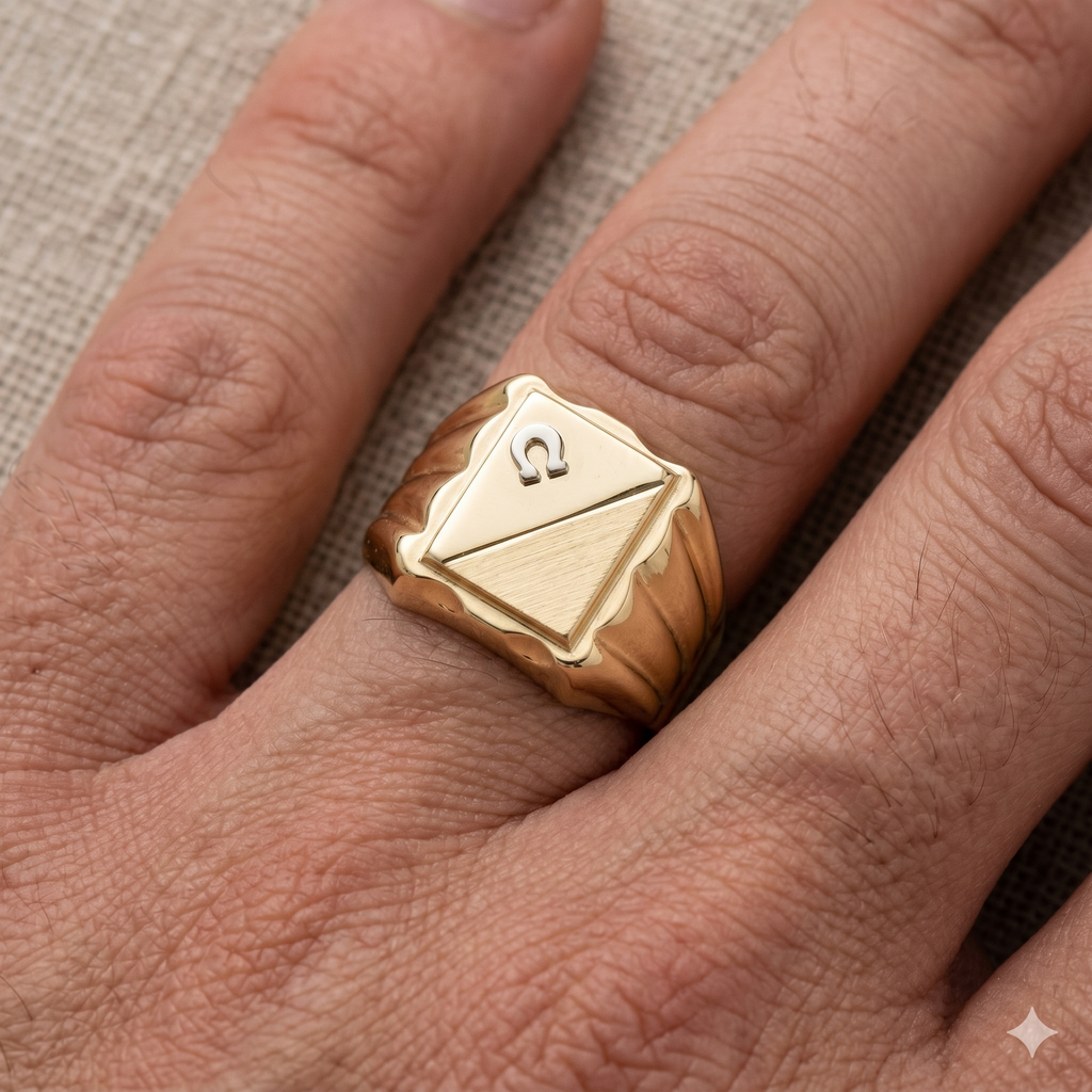Anello Uomo in Oro Giallo e Bianco 18 Carati di 6.80 Grammi con Ferro di Cavallo.