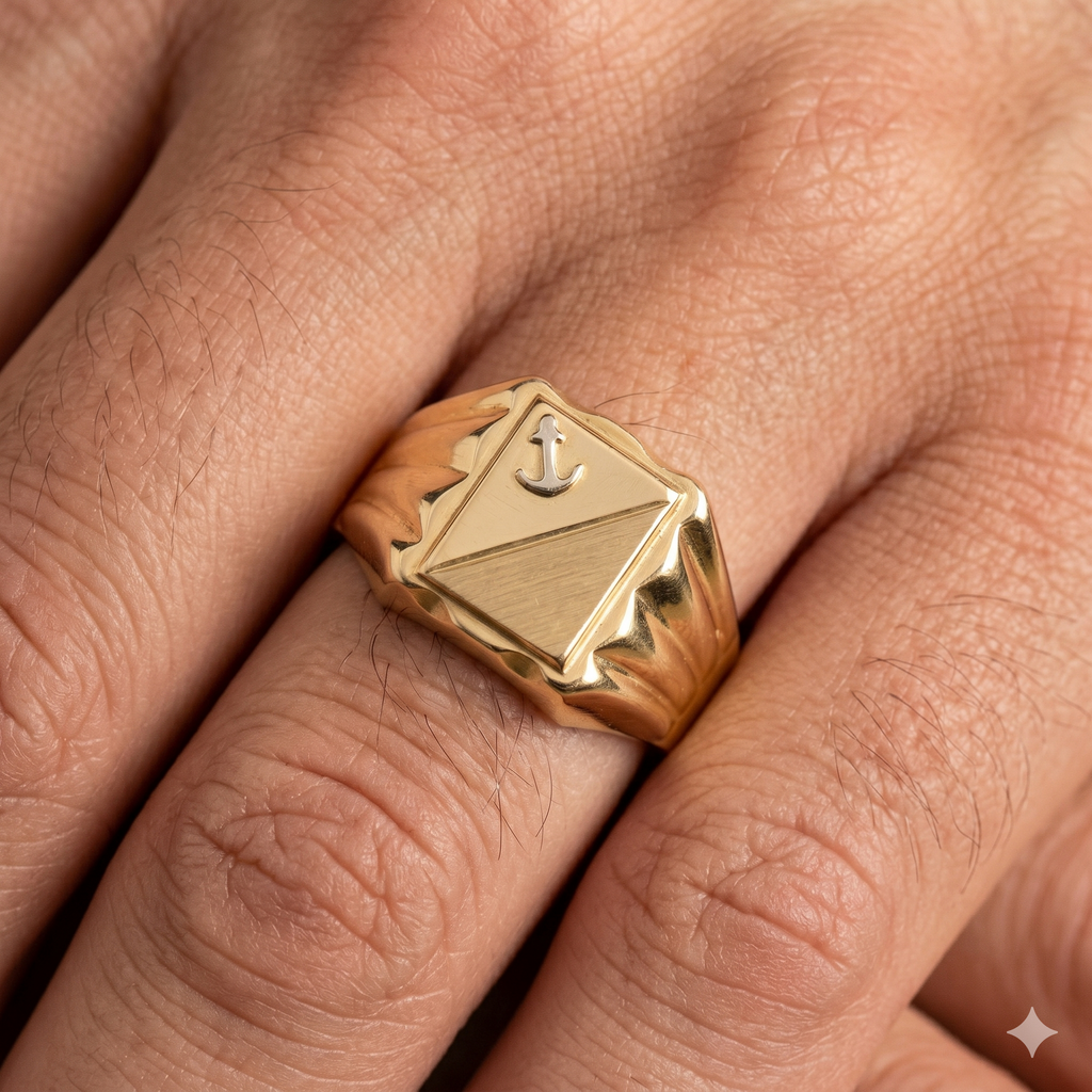 Anello Uomo in Oro Giallo e Bianco 18 Carati di 6.80 Grammi con Ancora.