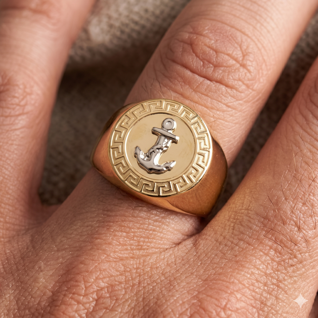 Anello Uomo in Oro Giallo e Bianco 18 Carati di 6.20 Grammi con Ancora.