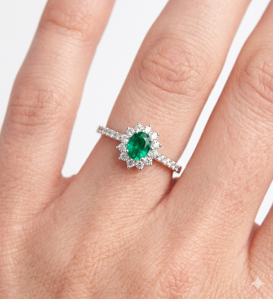Anello Donna in Oro 18 Carati con Diamanti e Smeraldo.