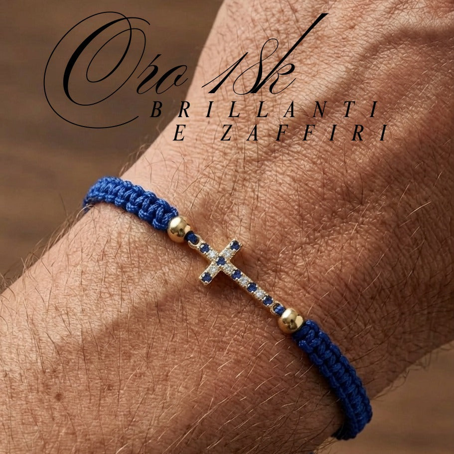 Bracciale Croce Unisex con Brillanti Naturali e Smeraldi o Zaffiri o Rubini in Oro Giallo 18 Carati.