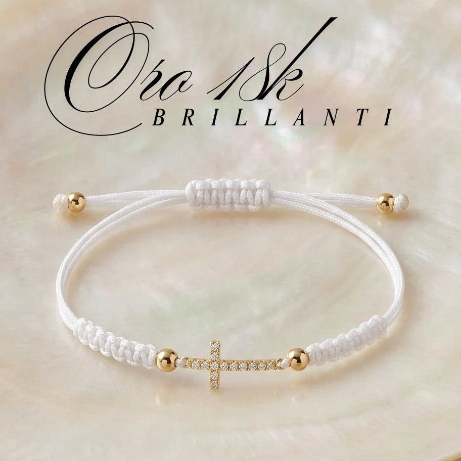 Bracciale Croce Unisex con Brillanti Naturali in Oro Giallo 18 Carati.