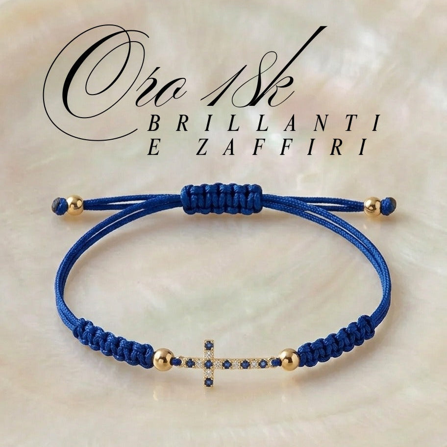 Bracciale Croce Unisex con Brillanti Naturali e Smeraldi o Zaffiri o Rubini in Oro Giallo 18 Carati.
