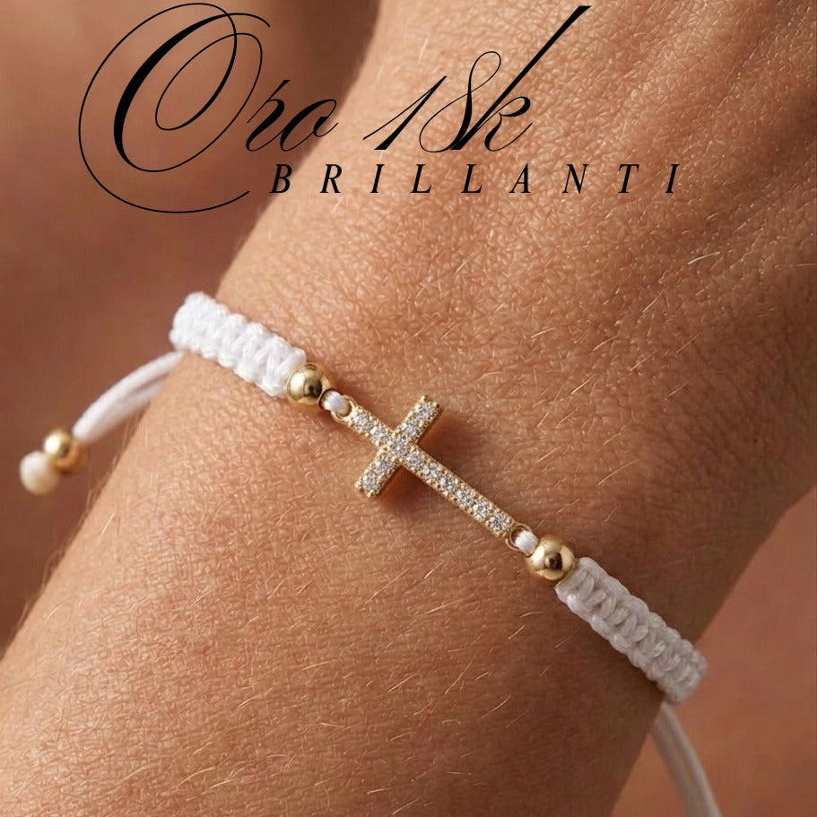 Bracciale Croce Unisex con Brillanti Naturali in Oro Giallo 18 Carati.