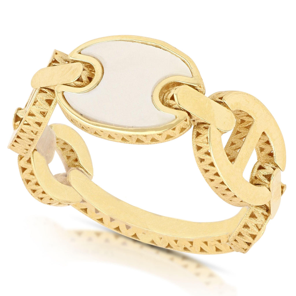 Anello Donna in oro 18 Carati modello maglia marina con madreperla di 3.80 Grammi.